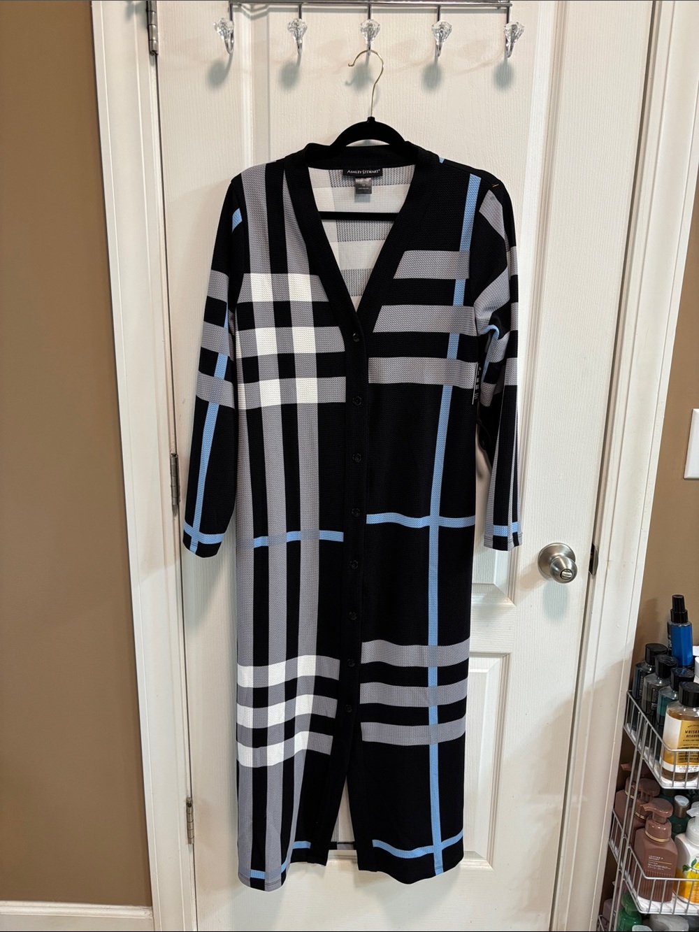 Long Black Plaid Button-Front Dress with Blue & Gray Stripes